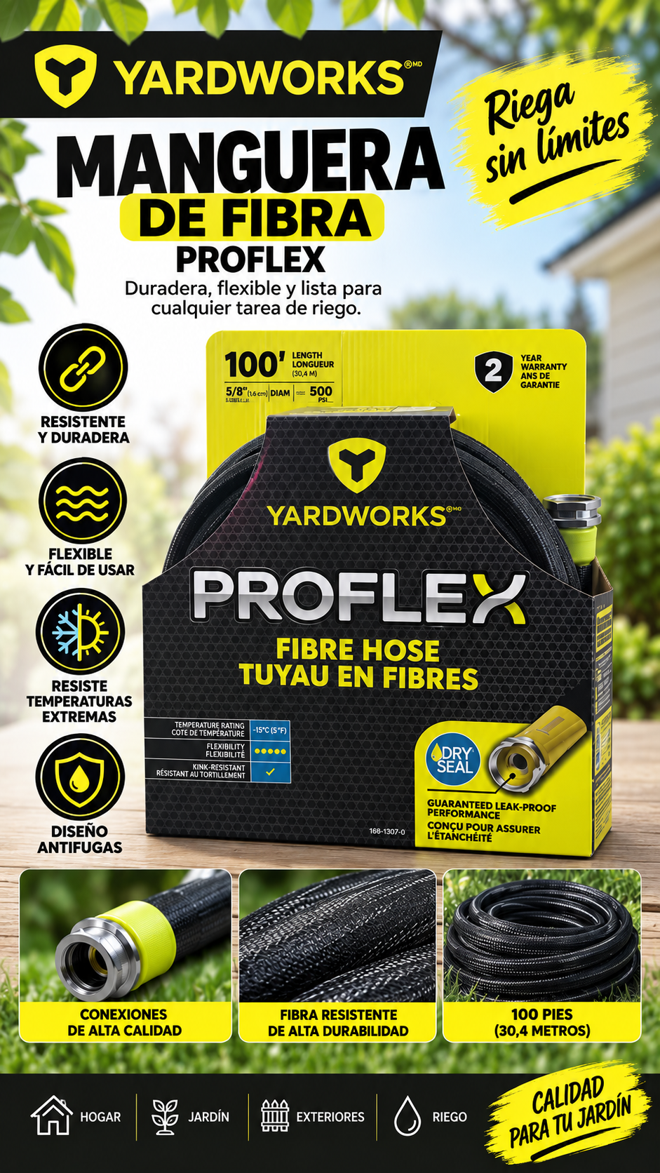 Manguera de jardín Yardworks PROFlex de 100 pies con cubierta de fibra