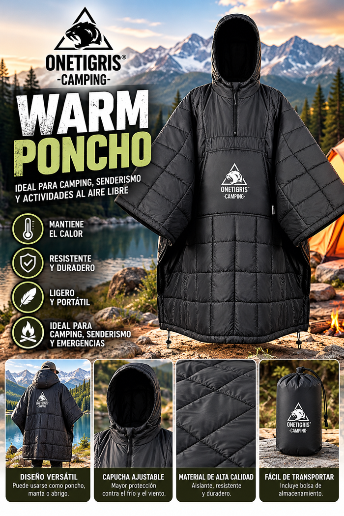 Poncho Térmico OneTigris Warm Poncho – Manta Acolchada con Capucha para Camping, Senderismo y Actividades al Aire Libre