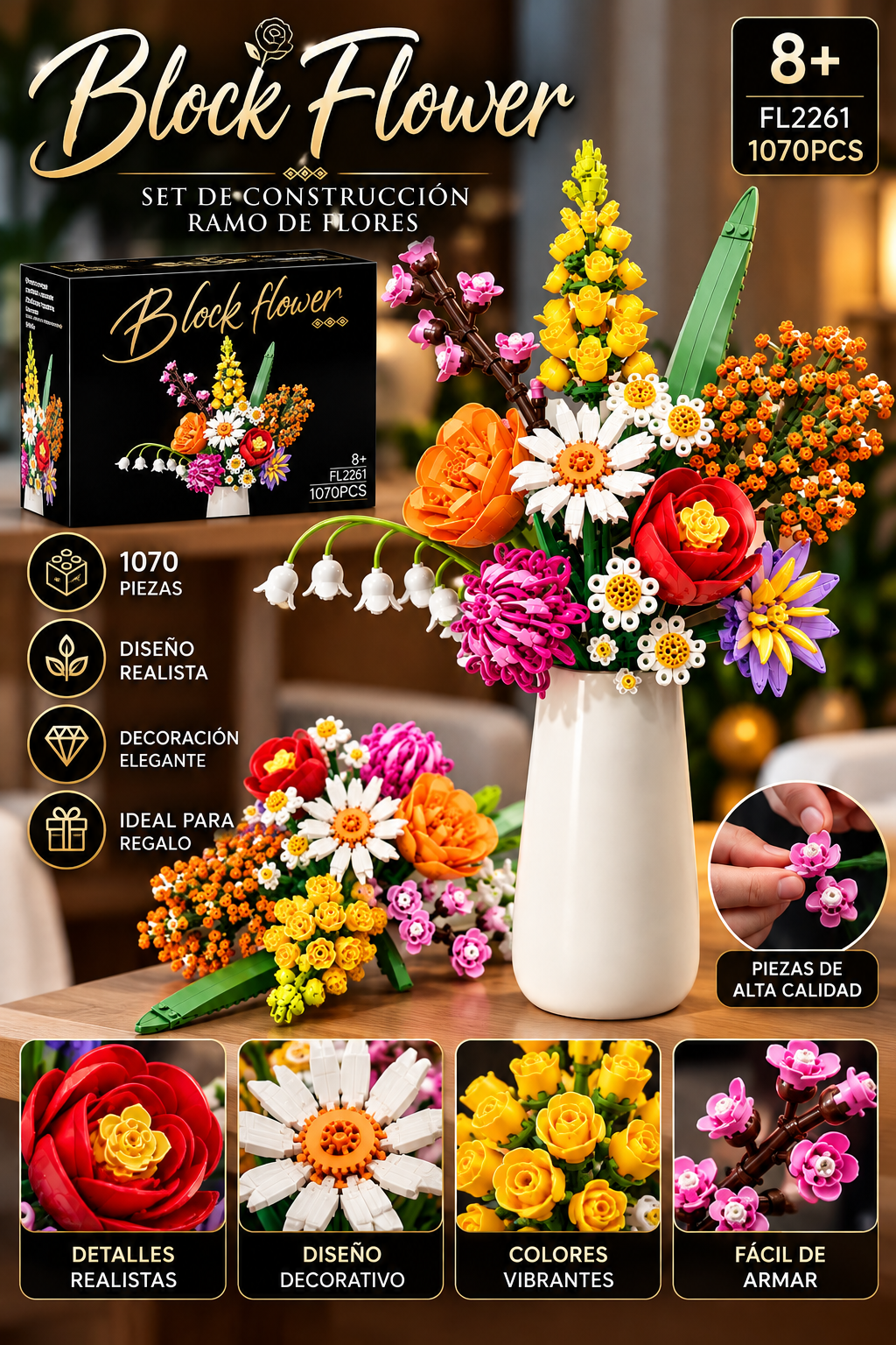Block Flower FL2261 – Ramo de Flores Armables de 1070 Piezas | Set de Construcción Decorativo con Florero | +8 Años