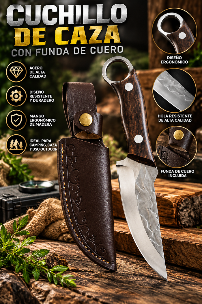 Cuchillo de Caza y Supervivencia con Hoja de Acero, Mango de Madera Ergonómico y Funda de Cuero
