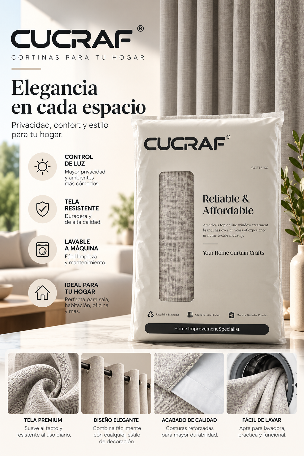 Cortinas Decorativas CUCRAF – Tela Resistente, Lavables a Máquina y Diseño Elegante para el Hogar
