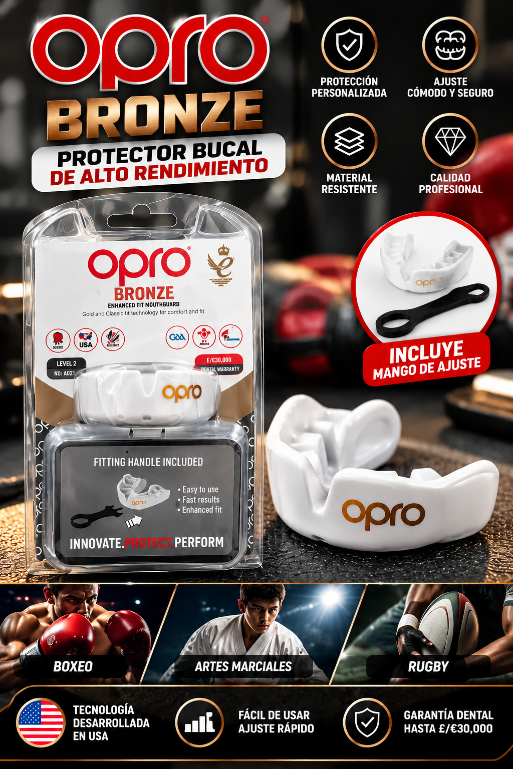 Protector Bucal Deportivo OPRO Bronze Nivel 2 con Ajuste Personalizado y Mango de Moldeado Incluido – Ideal para Boxeo, Artes Marciales y Rugby