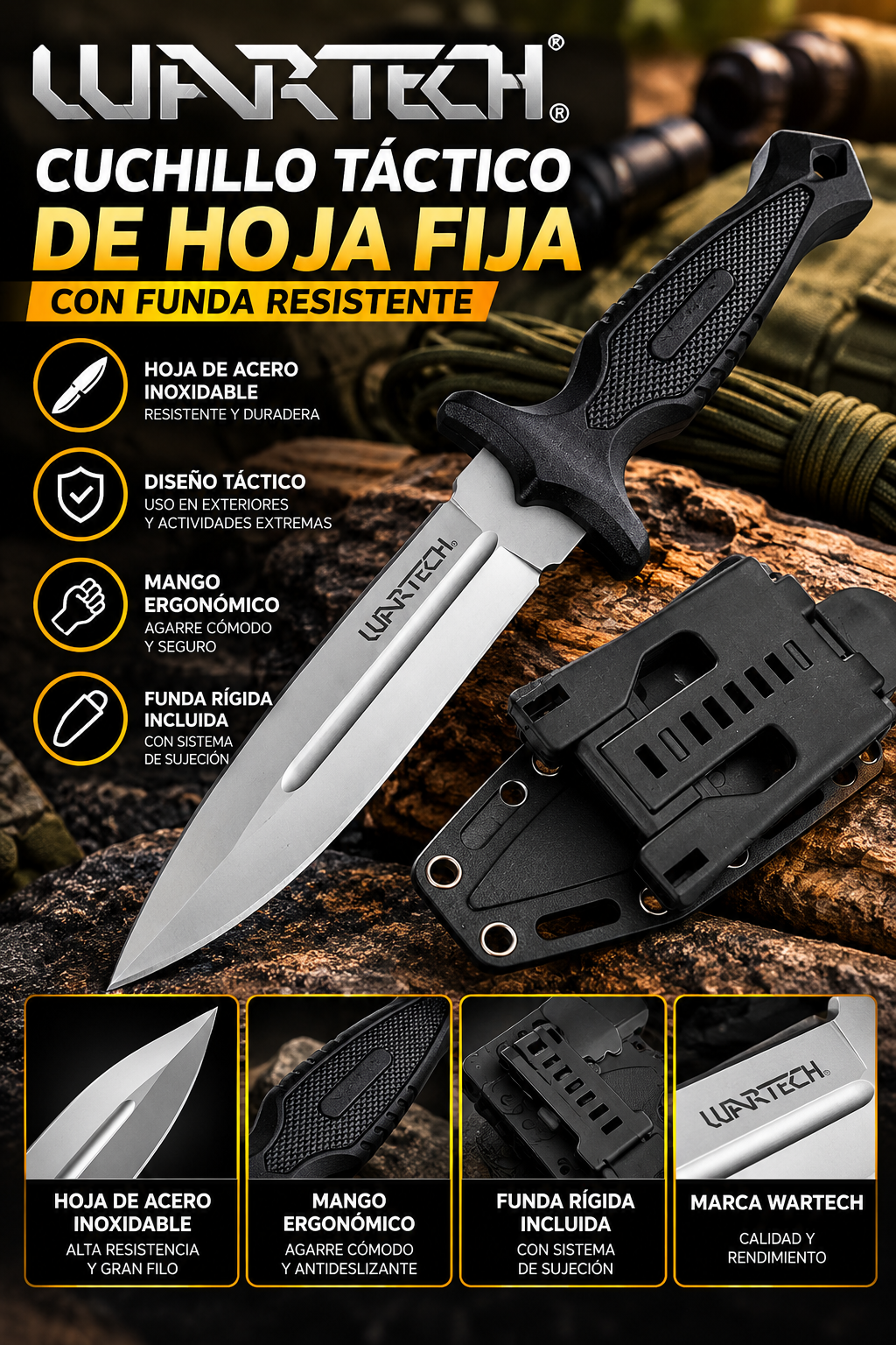 Cuchillo Táctico WARTECH de Hoja Fija con Mango Ergonómico Antideslizante y Funda Rígida Protectora