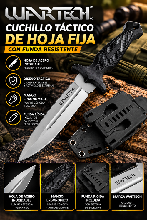 Cuchillo Táctico WARTECH de Hoja Fija con Mango Ergonómico Antideslizante y Funda Rígida Protectora