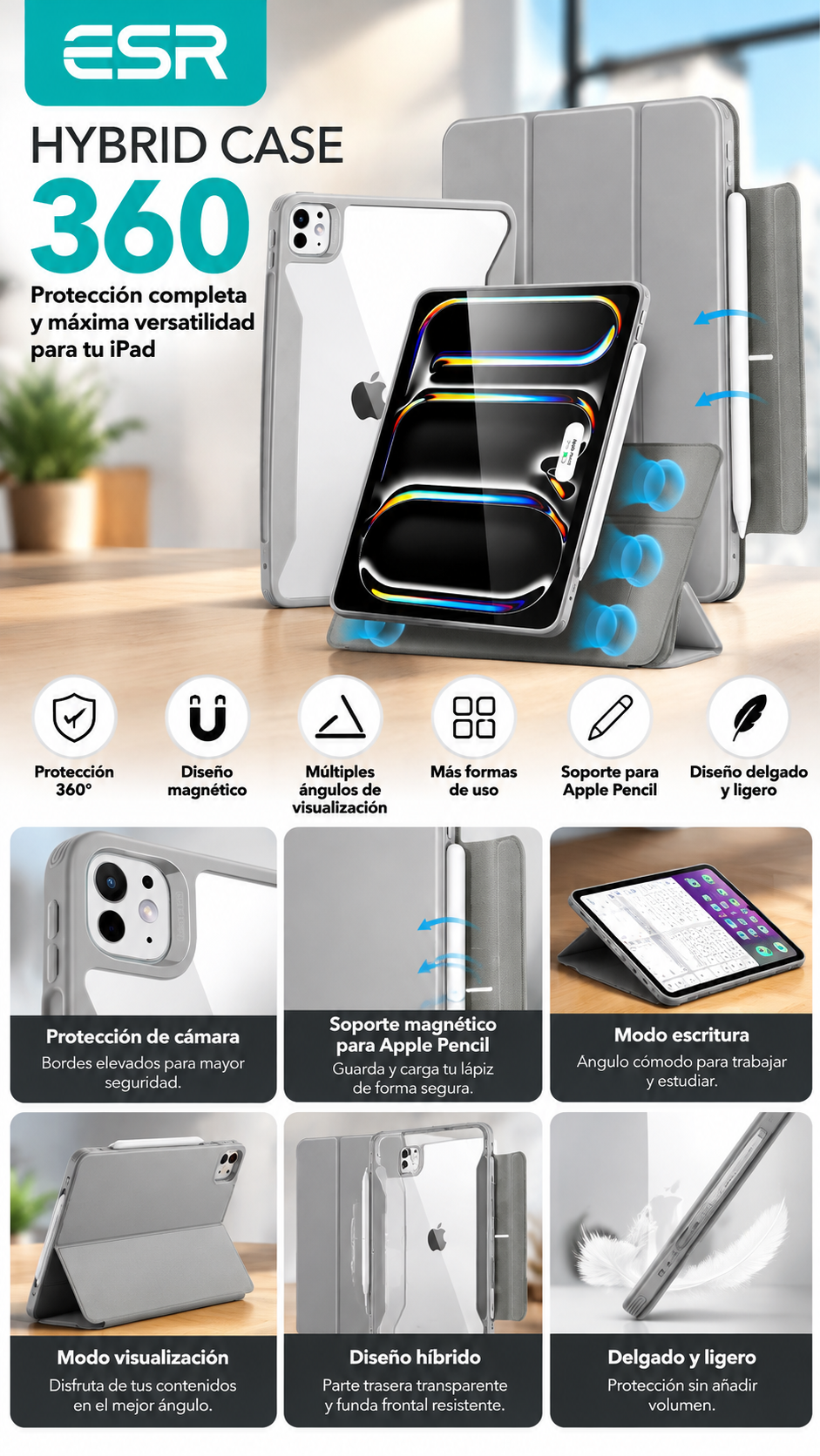 Funda ESR Rebound Hybrid Case 360° para iPad Pro 11” M4 y M5 – Protección Magnética, Soporte Multiángulo y Espacio para Apple Pencil – Gris