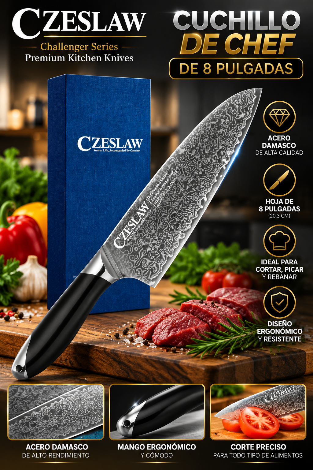 Cuchillo de Chef CZESLAW de 8 Pulgadas con Hoja de Patrón Damasco y Mango Ergonómico Negro – Challenger Series