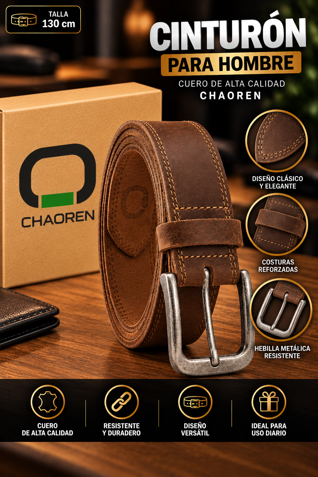 Cinturón de Cuero Marrón CHAOREN para Hombre con Hebilla Metálica Vintage y Costuras Reforzadas – 130 cm