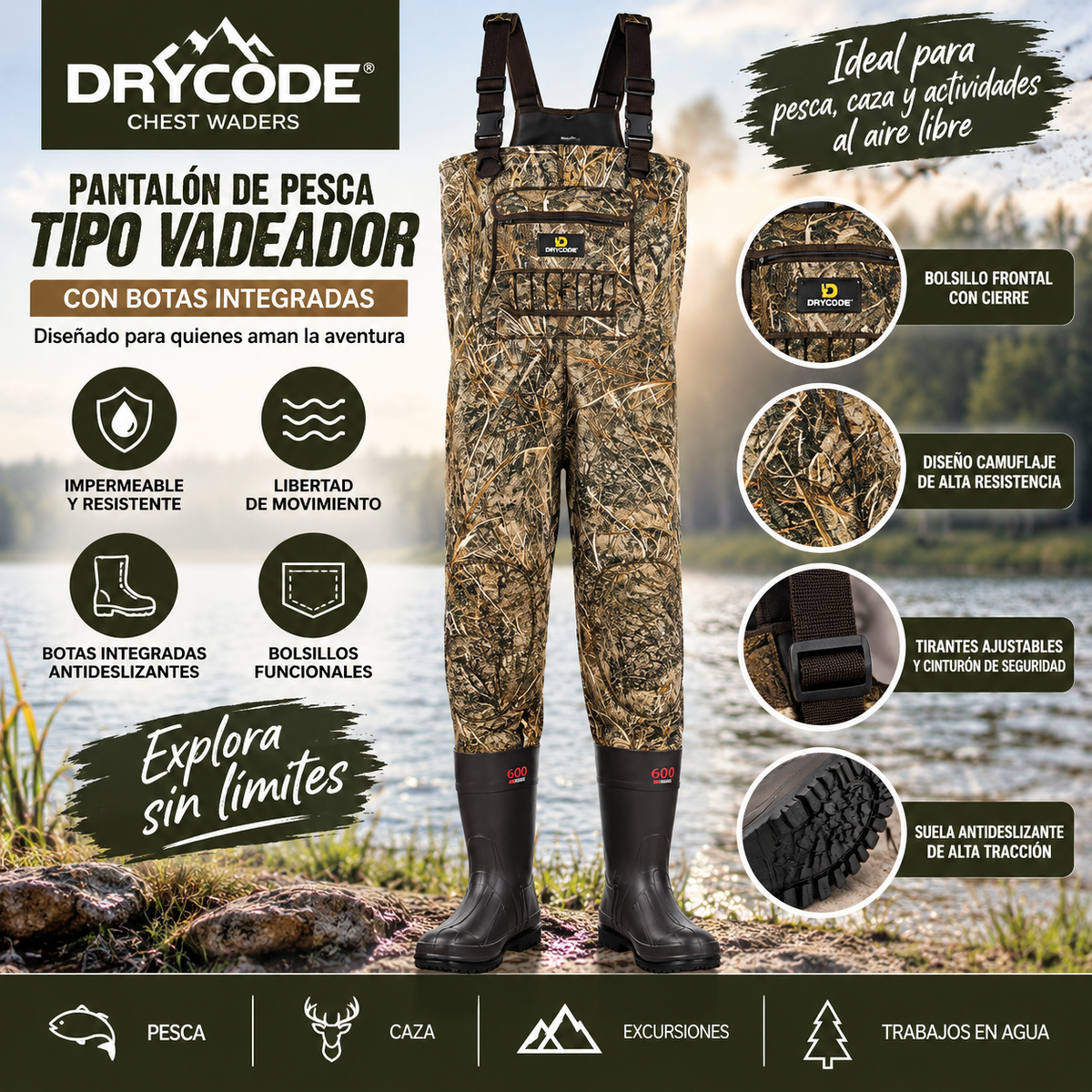Pantalón Impermeable Camuflado DRYCODE con Botas Integradas para Pesca y Caza