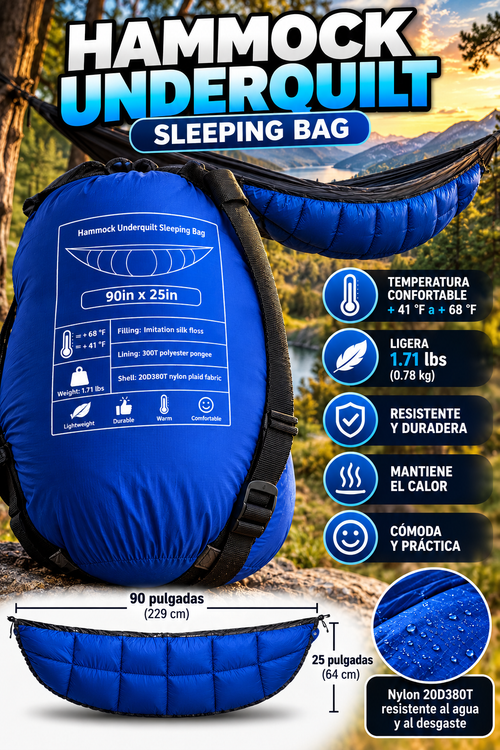 Aislante Térmico para Hamaca de Camping – Hammock Underquilt Azul, Ligero y Portátil de 229 × 64 cm