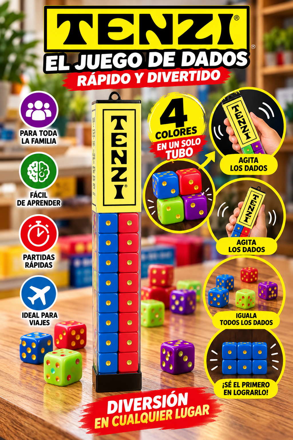 TENZI – Juego de Dados Familiar de 4 Colores | Rápido, Divertido y Fácil de Aprender