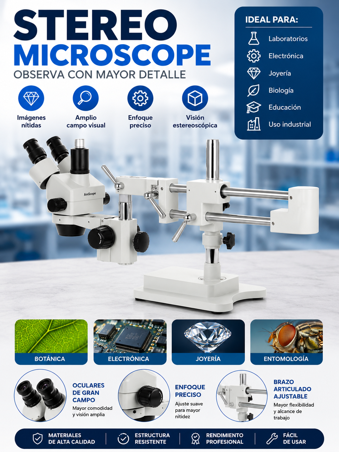 Microscopio Estereoscópico Profesional AMSCOPE Con Zoom Y Brazo Articulado