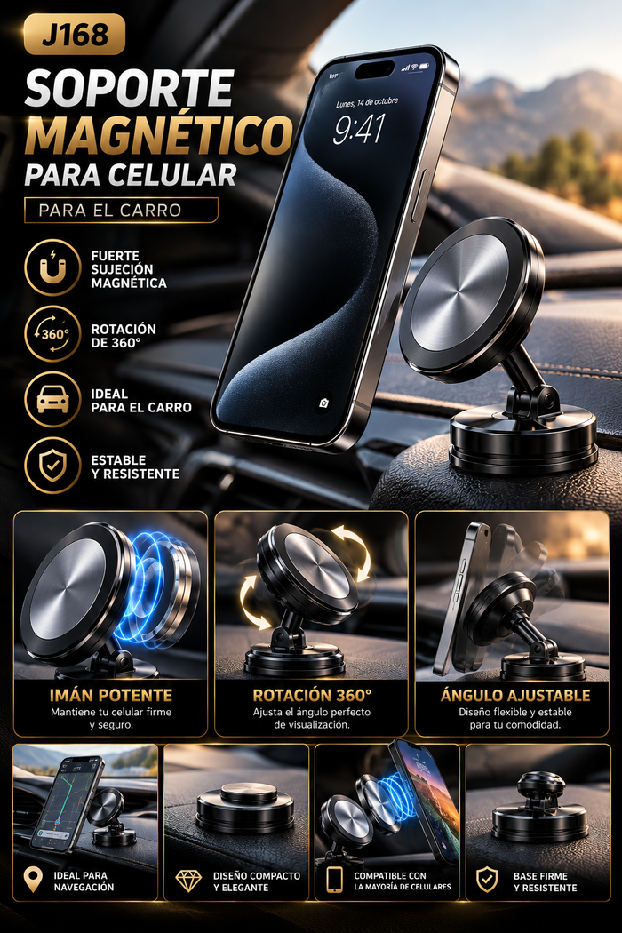 Soporte Magnético J168 para Celular de Carro – Rotación 360°, Ángulo Ajustable y Diseño Compacto