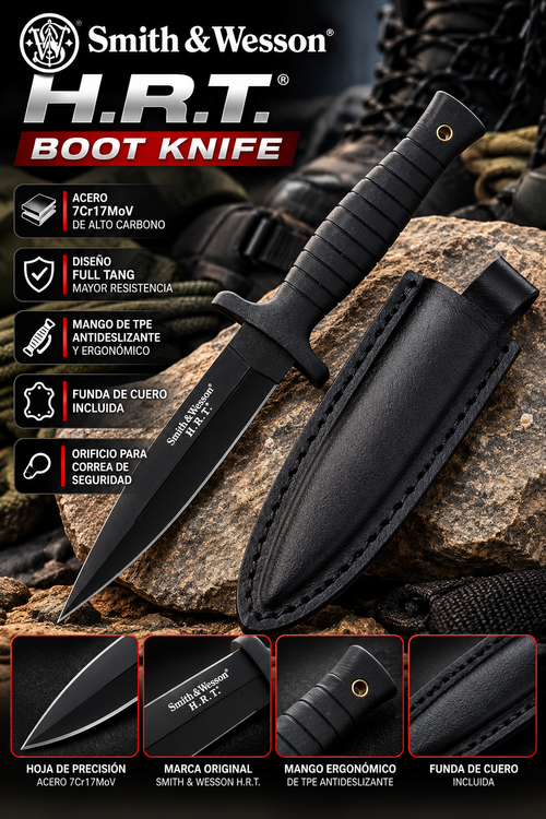 Smith & Wesson H.R.T. Boot Knife – Cuchillo de Hoja Fija con Funda de Cuero | SWHRT9BCP