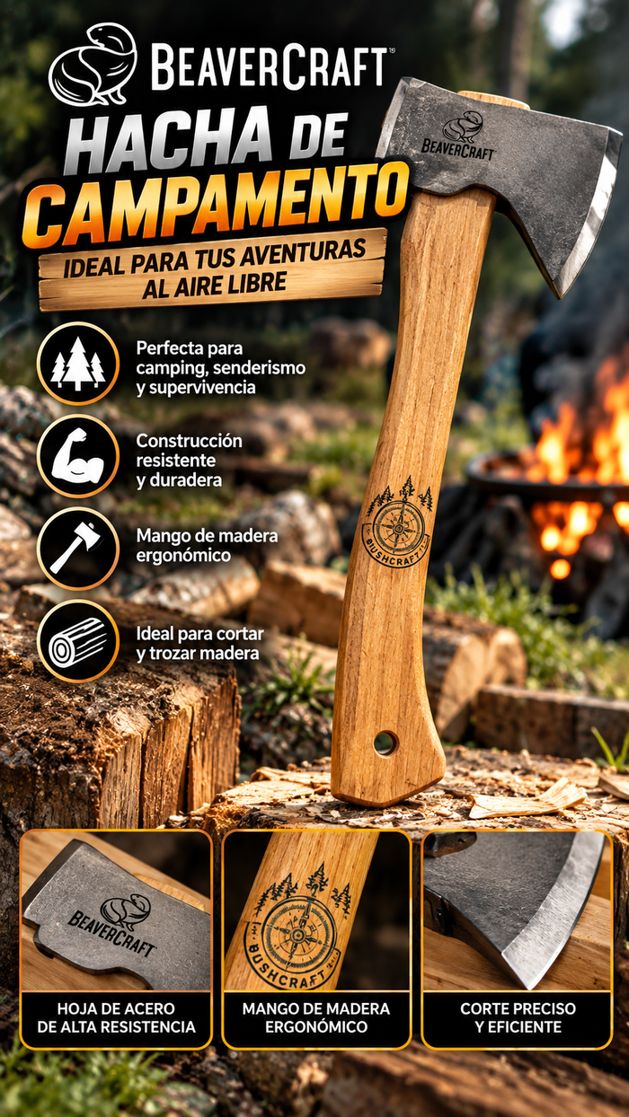 Hacha de Campamento BeaverCraft Bushcraft con Hoja de Acero y Mango de Madera Ergonómico