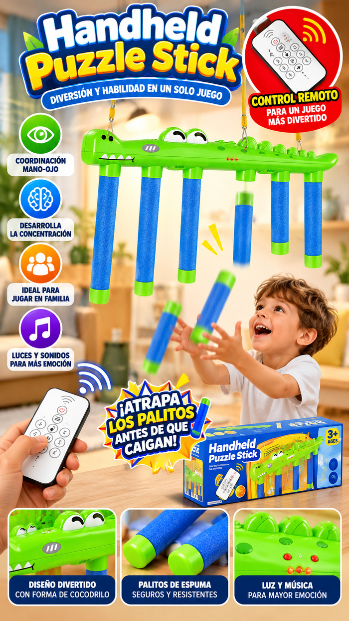 Juego Interactivo de Reflejos Cocodrilo Handheld Puzzle Stick con Control Remoto – Atrapa los Palitos para Niños +3 Años