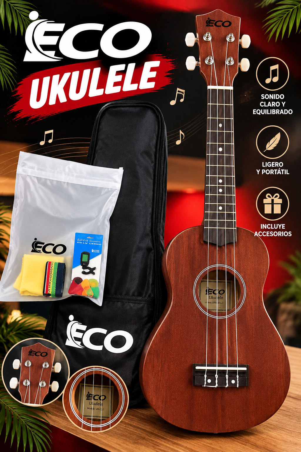 Ukulele ECO de 4 Cuerdas con Estuche y Kit de Accesorios – Color Caoba