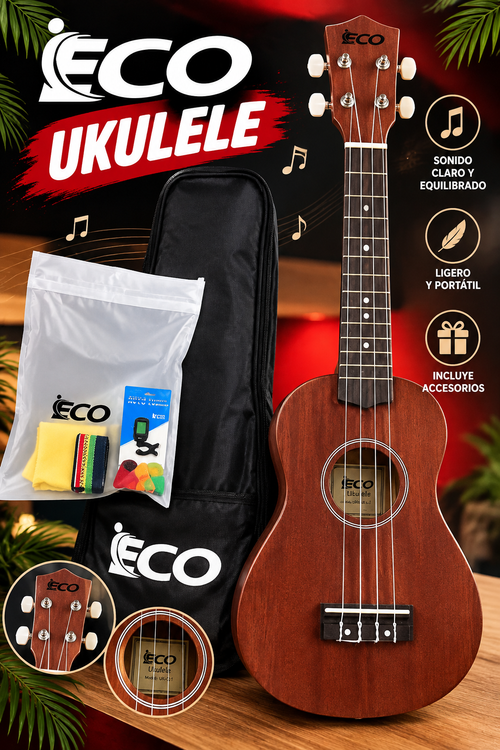 Ukulele ECO de 4 Cuerdas con Estuche y Kit de Accesorios – Color Caoba