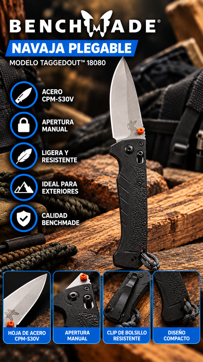 Navaja Plegable Benchmade Taggedout 18080 con Hoja de Acero CPM-S30V y Mango Negro