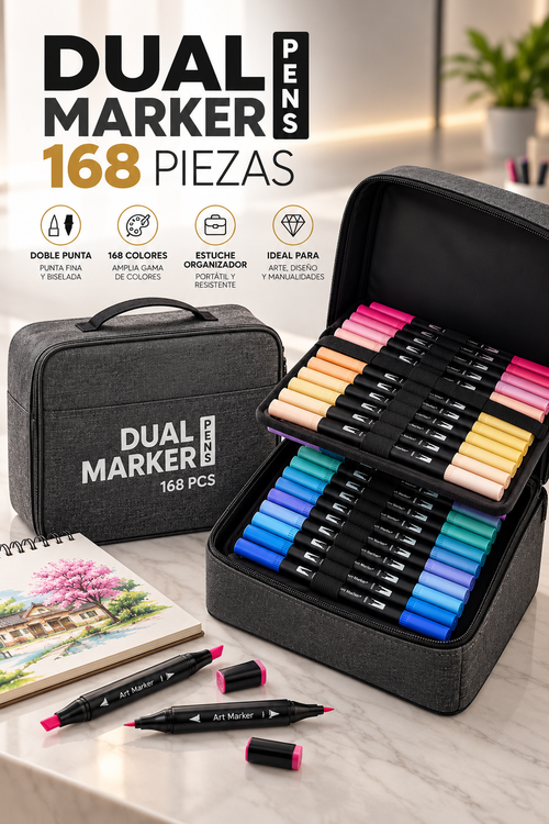 Set de 168 Marcadores de Doble Punta con Estuche Organizador – Kit Profesional para Arte, Dibujo y Diseño