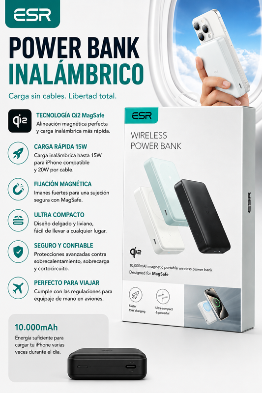 Bateria Portatil ESR Qi2 MagSlim 10,000 mAh con MagSafe