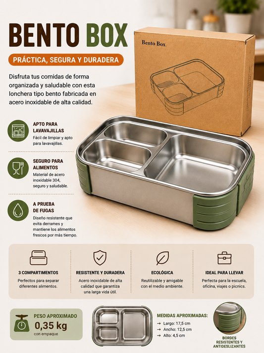 Bento Box de Acero Inoxidable de 3 Compartimentos – Hermético y Apto para Lavavajillas