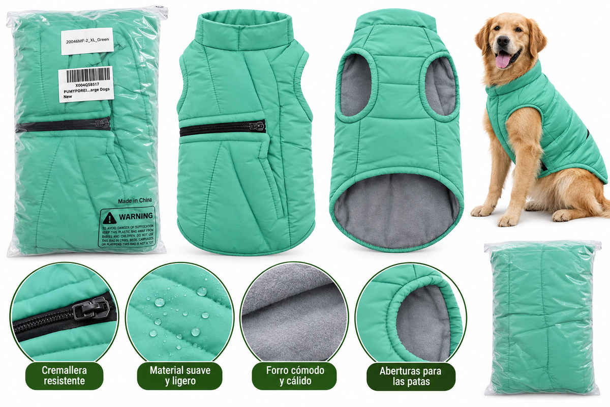 Chaleco Acolchado para Perro Talla XL – Verde Menta, Abrigador y Ligero