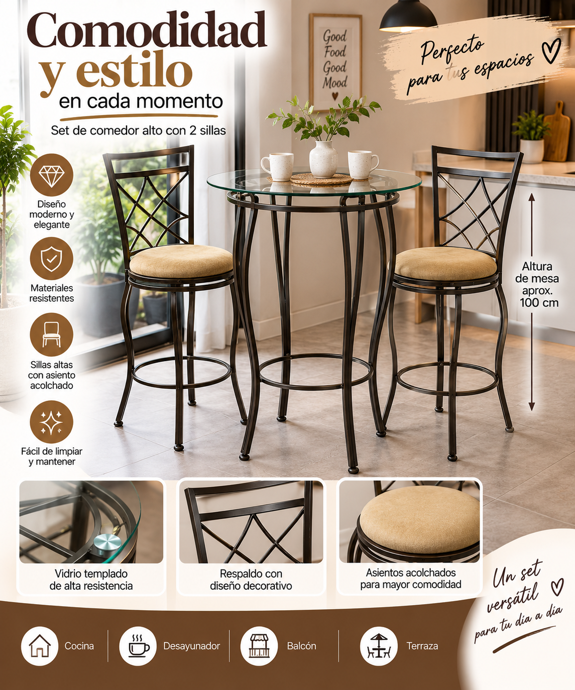 Conjunto de Comedor Alto con Mesa de Vidrio y 2 Sillas