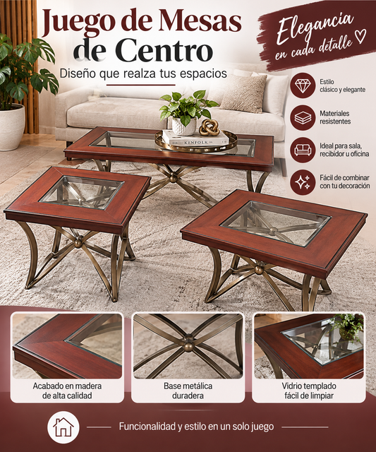 Set de 3 mesas de centro con vidrio y acabado en madera – Diseño clásico