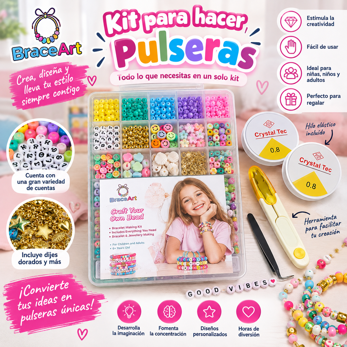 Kit Completo para Crear Pulseras – BraceArt DIY con Cuentas, Dices y Accesorios