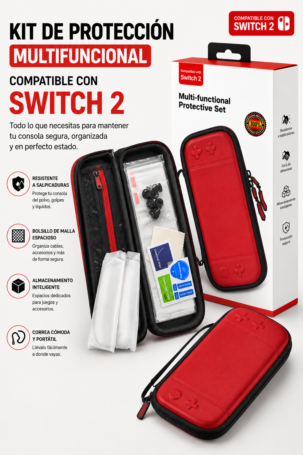 Kit de Protección Multifuncional para Nintendo Switch 2 – Estuche Rojo y Negro