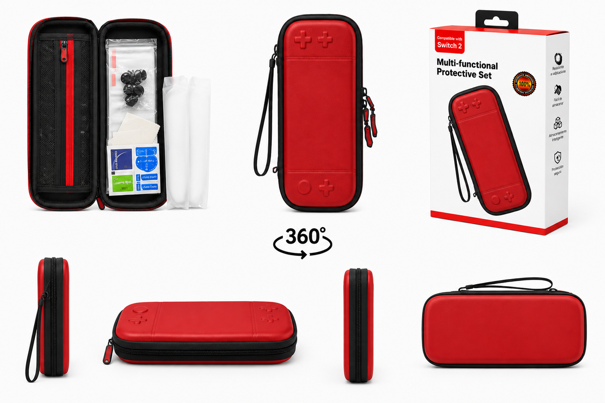 Kit de Protección Multifuncional para Nintendo Switch 2 – Estuche Rojo y Negro