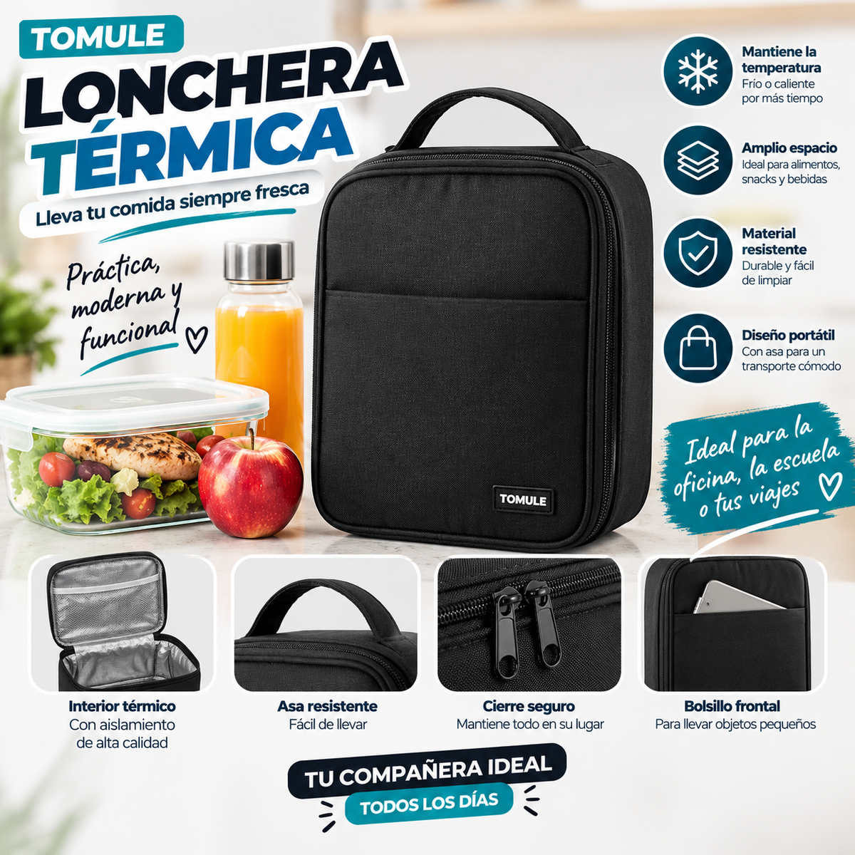 Lonchera Térmica TOMULE Negra – Bolsa Aislante para Comidas