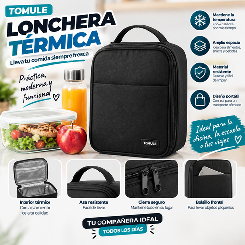 Lonchera Térmica TOMULE Negra – Bolsa Aislante para Comidas