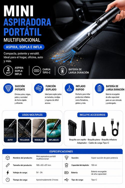Mini Aspiradora Portátil Multifuncional Blanca - Aspira, Sopla e Infla