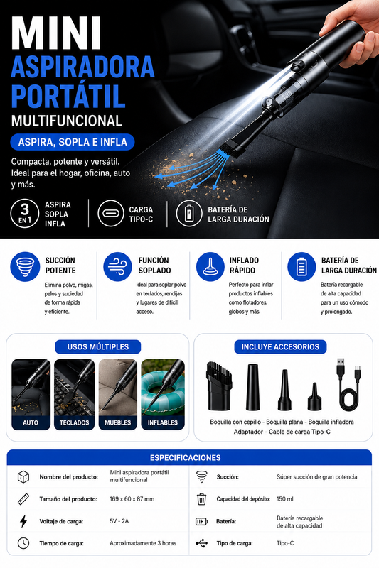 Mini aspiradora portátil multifuncional blanca: aspira, sopla e infla