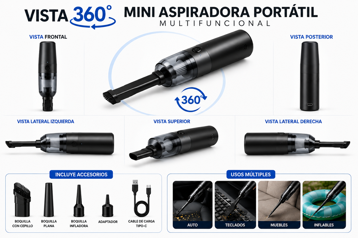 Mini Aspiradora Portátil Multifuncional Blanca - Aspira, Sopla e Infla