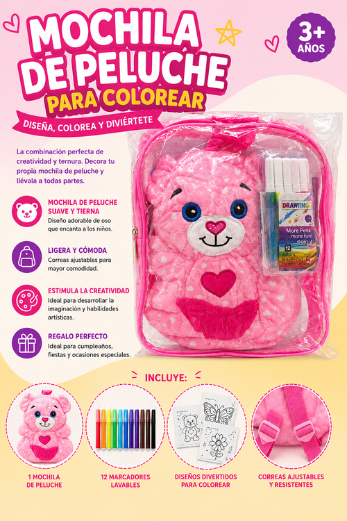 Mochila de Peluche para Colorear – Osito Rosa con 12 Marcadores Lavables