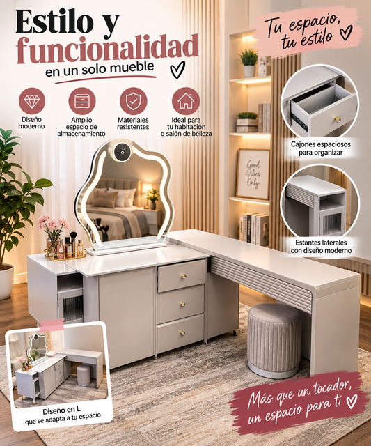 Tocador en L con espejo LED y amplio almacenamiento