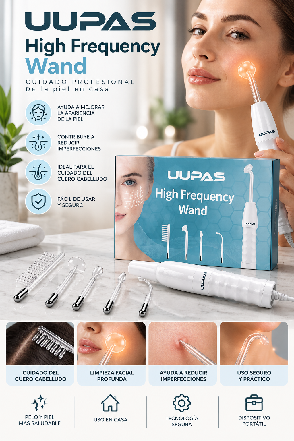 Dispositivo Facial de Alta Frecuencia UUPAS – High Frequency Wand con 4 Electrodos de Vidrio para Cuidado Facial y Capilar