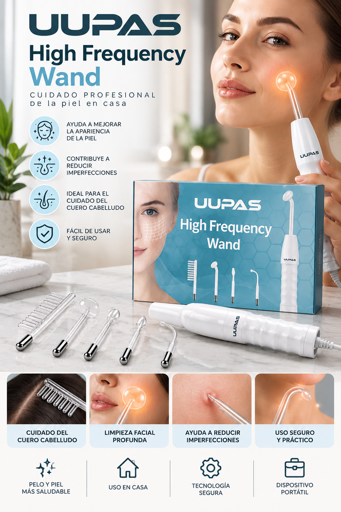 Dispositivo Facial de Alta Frecuencia UUPAS – High Frequency Wand con 4 Electrodos de Vidrio para Cuidado Facial y Capilar