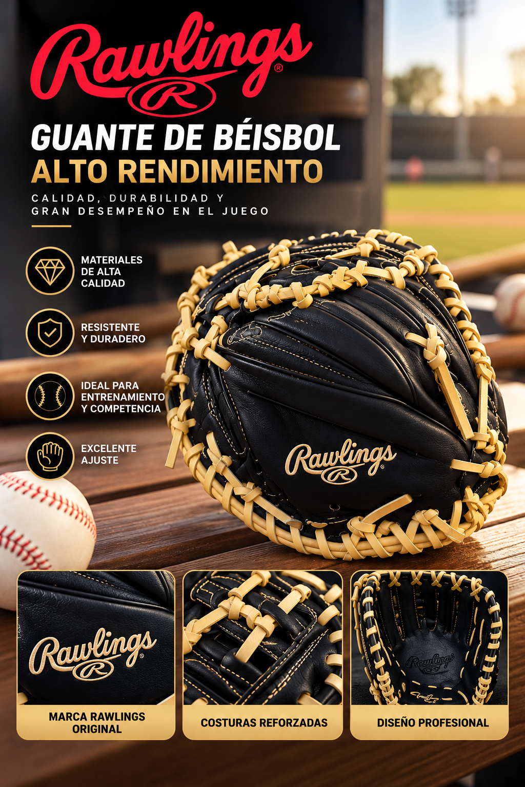 Guante de Béisbol Rawlings Negro con Cordones Beige – Guante Deportivo para Entrenamiento y Juego