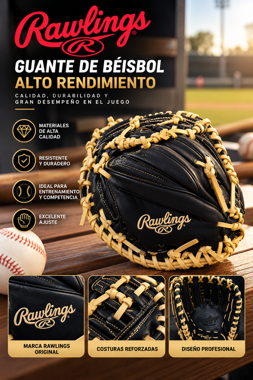 Guante de Béisbol Rawlings Negro con Cordones Beige – Guante Deportivo para Entrenamiento y Juego