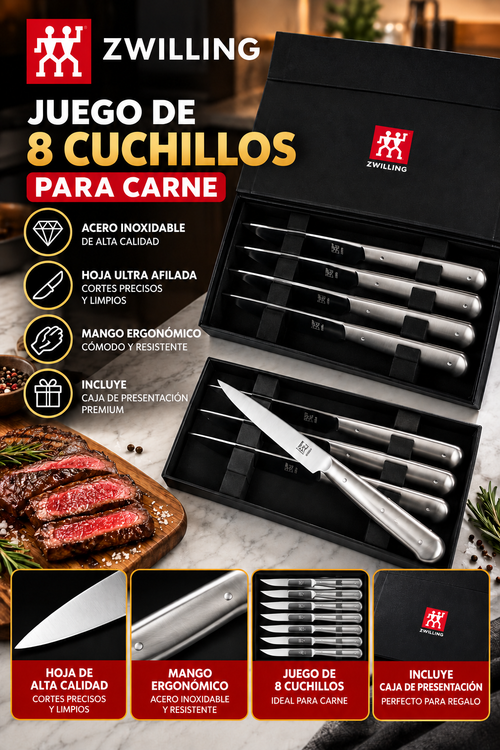 Juego de 8 Cuchillos para Carne ZWILLING de Acero Inoxidable con Mangos Ergonómicos y Caja de Presentación