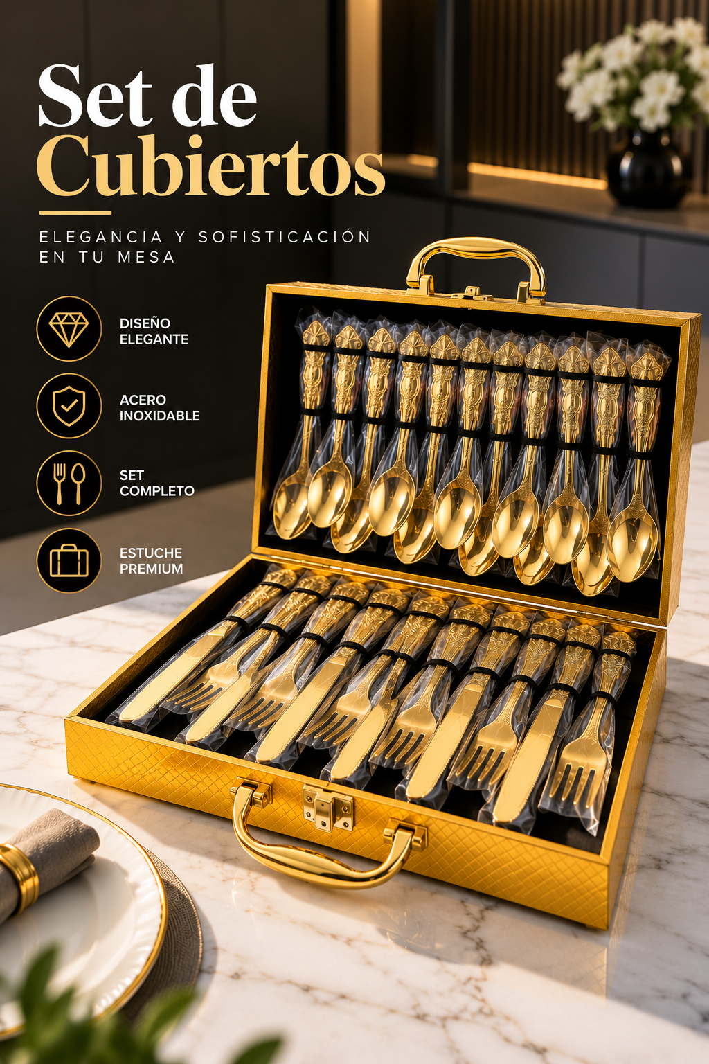Set de Cubiertos Dorados de Lujo con Maletín Elegante – Juego de Cucharas, Tenedores y Cuchillos