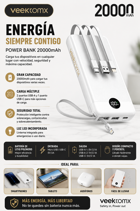 Bateria Portatil VEEKTOMX De 20,000 mAh - Blanco