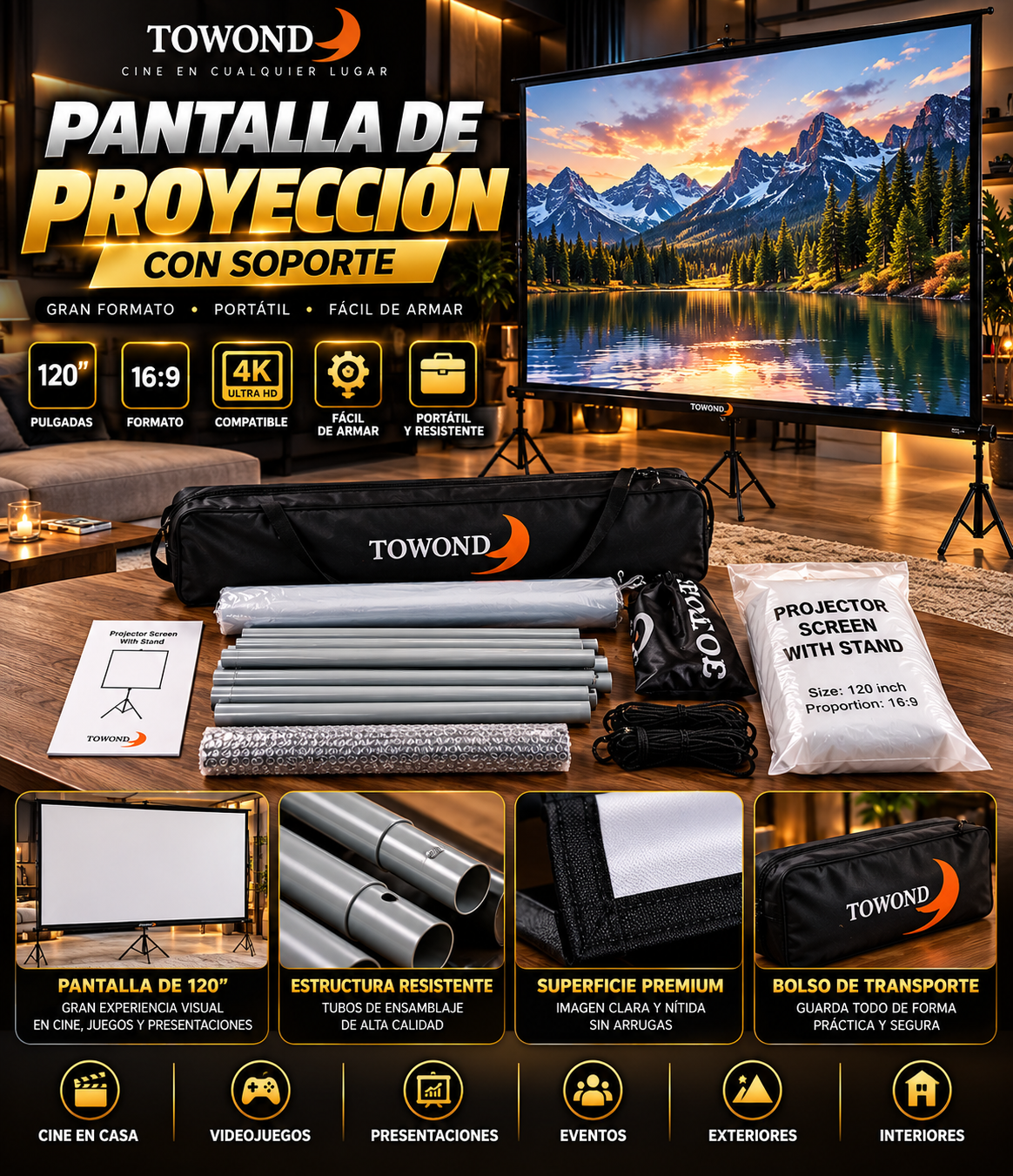 Pantalla de Proyección TOWOND de 120 Pulgadas con Soporte Desmontable – Formato 16:9, Portátil con Bolso de Transporte