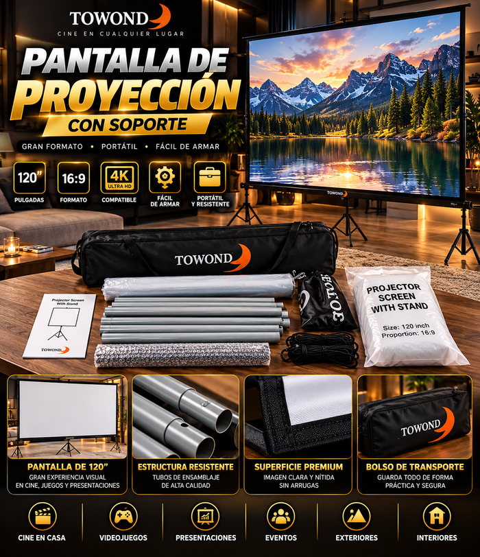 Pantalla de Proyección TOWOND de 120 Pulgadas con Soporte Desmontable – Formato 16:9, Portátil con Bolso de Transporte