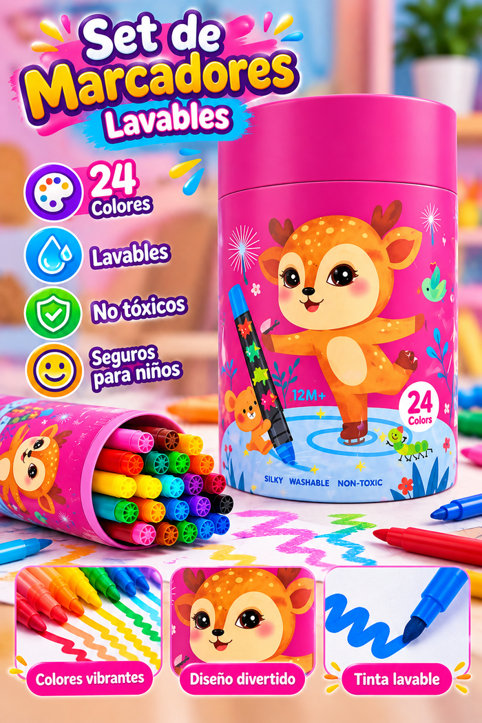 Set de 24 Marcadores de Colores Lavables para Niños – No Tóxicos | Estuche Decorativo de Venadito | +12 Meses