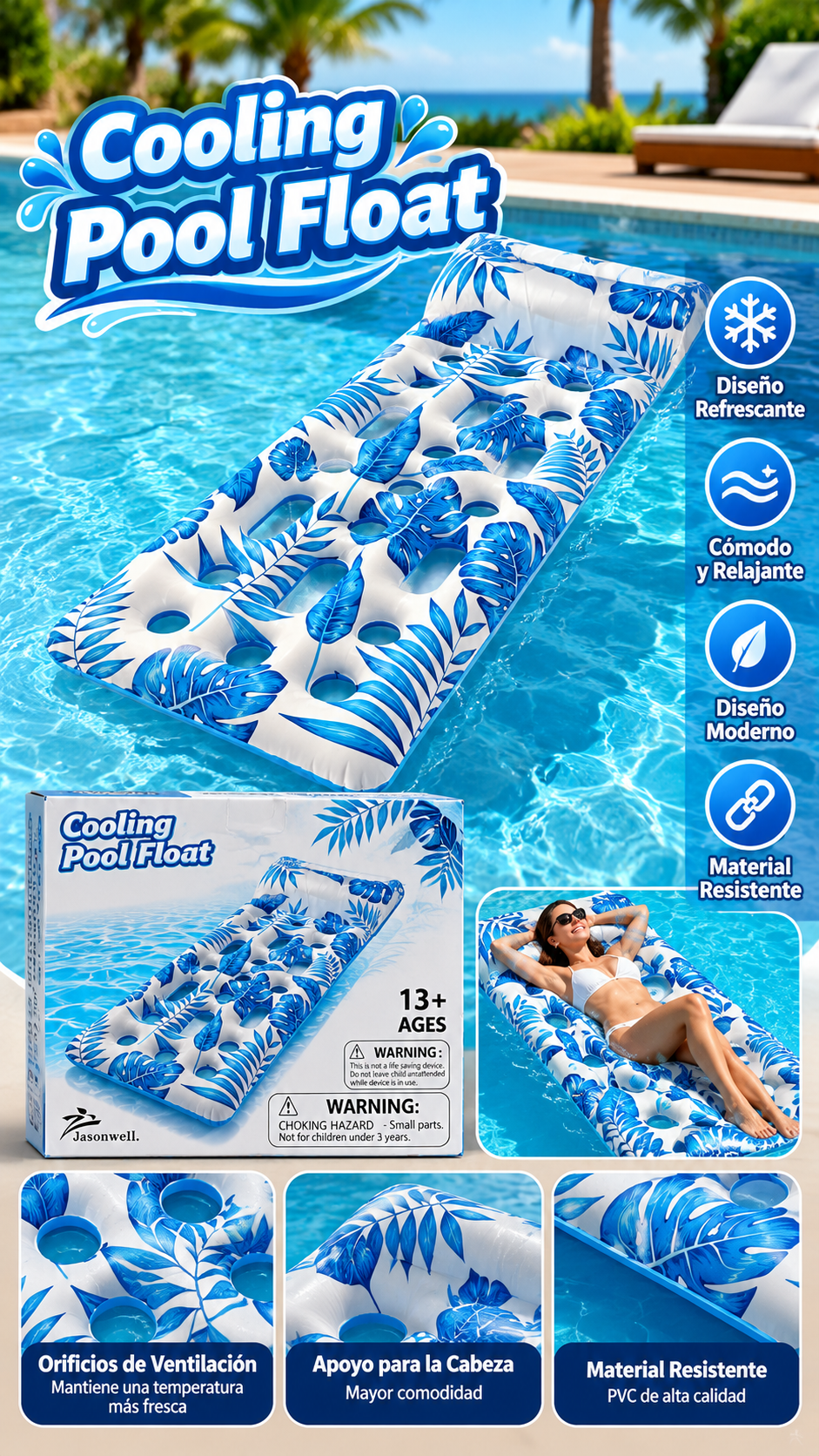 Colchoneta Inflable para Piscina Jasonwell Cooling Pool Float – Diseño Tropical Azul con Reposacabezas