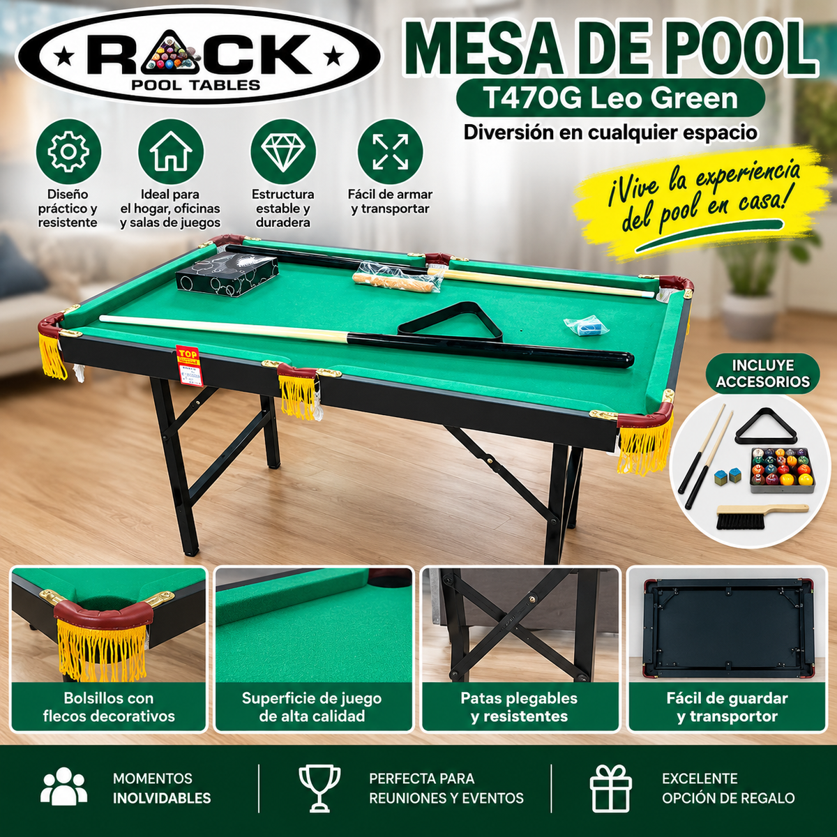 Mesa de Pool Plegable RACK T470G Leo Green con Accesorios